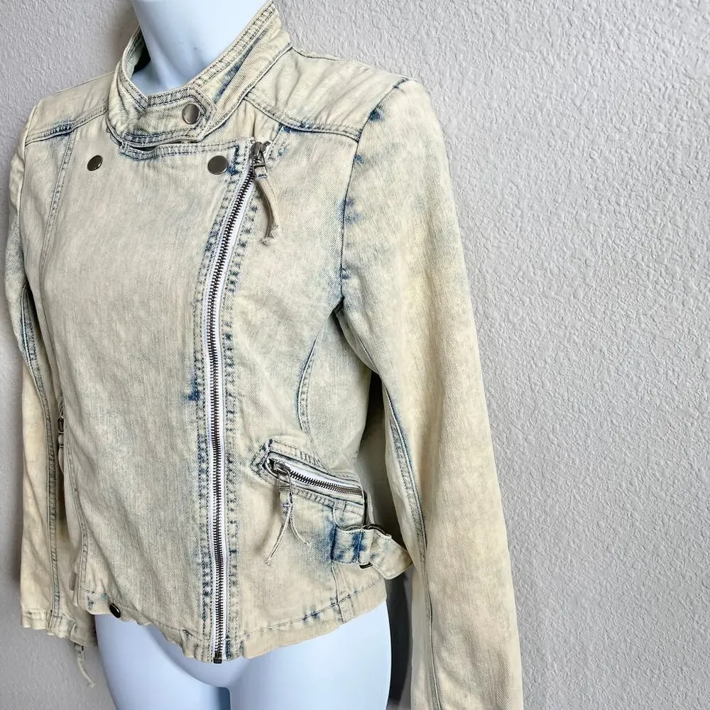 IRO Moto Bleached Acid Wash Denim Jacket Women's XS Pockets Jean Stretch